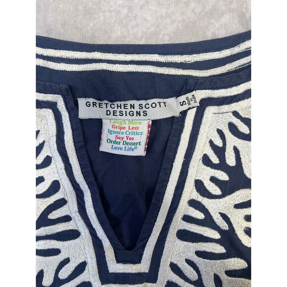 Gretchen Scott Navy Blue Reef Embroidered Cotton Poplin Tunic sz S Beach Coverup - Picture 2 of 10